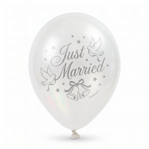 "Just Married" Wedding Latex Balloons, White/Silver, 12-Inch, 15-Pack