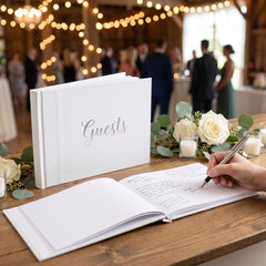 Elegant White Guest Book with Silver Detail for Weddings