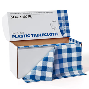 54 In. x 100 Ft. Cut to Size Plastic Table Cover | Blue Gingham | Case of 6