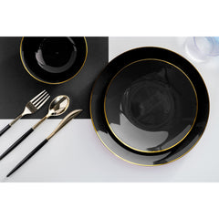 10 In. Classic Black Design Plates Gold Rim | 10 Count