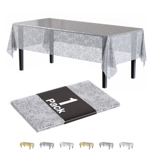 Silver Floral Plastic Table Cover | 54 in. x 108 in.
