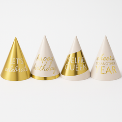 Golden Age Metallic Cone Birthday Party Hats, 4-Pack
