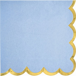 Scalloped Edge Beverage Napkins - Ice Blue with Gold Foil Border, Decorative Cocktail Napkins for Baby Shower, Birthday, Tea Party, Christening - 5 In. X 5 In.