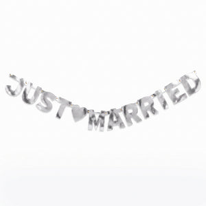 Elegant Silver "Just Married" Letter Banner with Heart Cutout