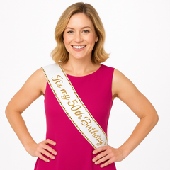 Golden Age 50th Birthday Sash - Elegant White and Gold Wearable Party Accessory