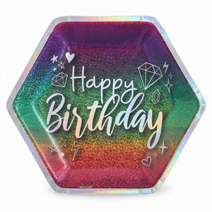 Prismatic Sparkle Hexagon "Happy Birthday" Paper Plates - 9-Inch (8-Pack)