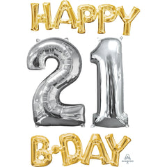 Metallic Gold and Silver "Happy 21 B-DAY" Foil Balloon Set