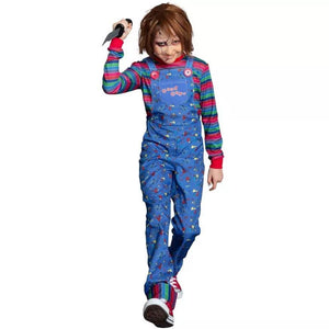 Child's Play Chucky Halloween Costume for Kids - Blue Overalls and Striped Shirt - Child L (12-14)