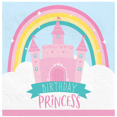 Little Gym - "Birthday Princess" Square Paper Disposable Beverage Napkins, Blue/Pink, Rainbow, 5-in, 2-ply, for Birthday Party - 16 Ct.