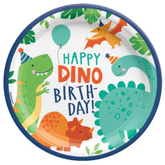 Little Gym - Dino-Mite "Happy Dino Birthday" Dinosaur Round Paper Disposable Lunch Plates, Blue/Green, 9-in, for Birthday Party - 8 Ct.