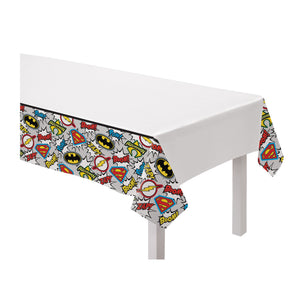Little Gym - DC Justice League "Boom! Zap! Pow!" Rectangle Plastic Reusable Table Cover, Multi-Coloured, 54x96-in, for Birthday Party - 1 Ct.