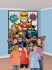 Little Gym - DC Justice League "Zap Pow Boom" Plastic Scene Setter Background Decoration with Photo Booth Props, Multi-Coloured, 65-in, for Birthday Party - 16 Ct.