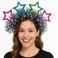 Starlight Light-Up Star Headband with Silver Tinsel for New Year's Eve