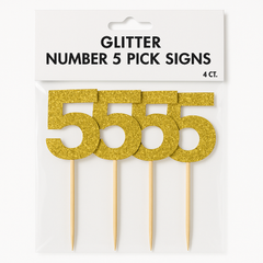 Glitter Gold Number 5 Cake Topper Picks, 7.5-Inch, 4-Pack