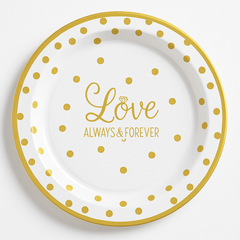 "Love Always & Forever" Gold Polka Dot Plastic Lunch Plates - 7.25", 20-Pack