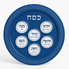 Blue Melamine Seder Passover Plate with Hebrew and English Labels