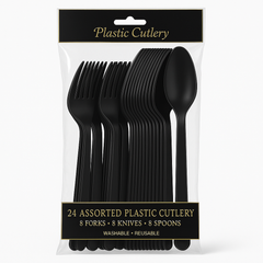 Jet Black Assorted Plastic Cutlery Set - 24 Pieces