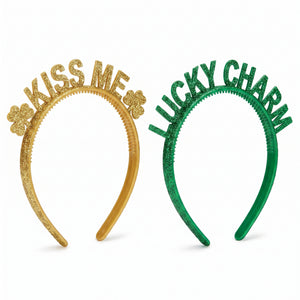 St. Patrick's Day Glitter Headbands - "Kiss Me" and "Lucky Charm", 6 Pack