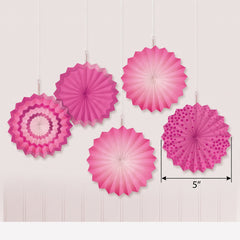 Mini Bright Pink Patterned Paper Fan Decorations, 5-Pack