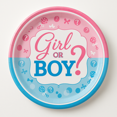 "Girl or Boy?" 7" Round Gender Reveal Dessert Plates - 8 Pack