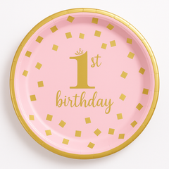 Metallic Pink and Gold Confetti 1st Birthday Dessert Plates, 7-Inch, 8-Pack
