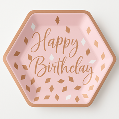 Blush Birthday Hexagon Plates with Rose Gold Accents - 7" - 8 Pack