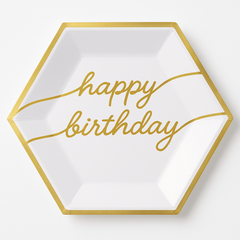 Golden Age Hexagon "Happy Birthday" Metallic Plates, 9-Inch, 8-Pack