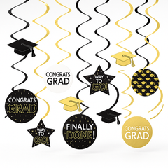 Graduation Celebration Swirl Decorations, Black/Gold, 16-Pack