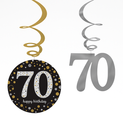 Sparkling Celebration 70th Birthday Swirl Decorations - Metallic Gold, Silver, and Black