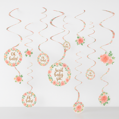 Floral Baby Swirl Hanging Decorations for Baby Shower, 12-Pack
