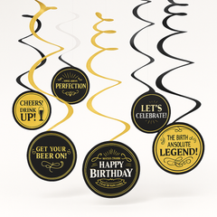 "Better with Age" Birthday Swirl Hanging Decorations, Gold & Black, 12-Pack