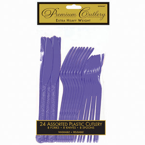 Purple Heavyweight Plastic Cutlery Set - 24 Pieces - 7.5 in.