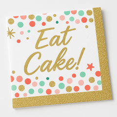"Eat Cake!" Birthday Beverage Napkins - Gold & Pastel Confetti, 36-Pack - 5 In. X 5 In.