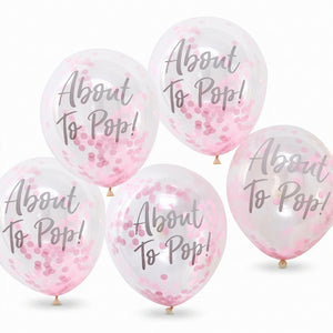"About to Pop!" Pink Confetti Balloons for Baby Shower