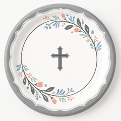 Holy Day Floral Silver Cross Paper Plates, 10.5-Inch, 18-Pack