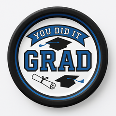 "You Did It Grad" Blue Round Graduation Dessert Plates - 6.75", 20ct