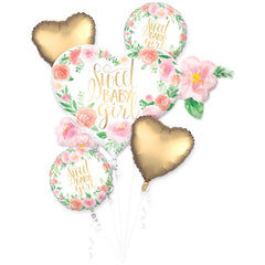 Sweet Baby Girl Floral Foil Balloon Bouquet - 5 Piece Set