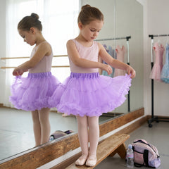 Girls Lavender Tutu Skirt - Layered Tulle Ballet Petticoat with Satin Elastic Waist for Dance, Dress Up, Princess Costume - M/L