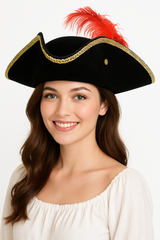 Buccaneer Tricorn Pirate Hat with Red Feather
