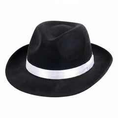 Black Gangster Fedora Hat with White Satin Band