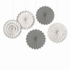Silver Patterned Paper Fan Decorations - 5-Pack