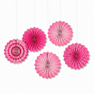 Mini Bright Pink Patterned Paper Fan Decorations, 5-Pack