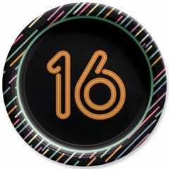 Neon Light 16th Birthday Paper Plates - 7" Round