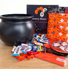 33 Pcs Halloween Trick-or-Treat Kit | Cauldron, 2 lb Candy, Toys, Glow Sticks & Tableware