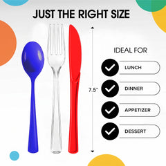 150 Pc. Patriotic Plastic Cutlery Combo Set | Red, Clear & Blue