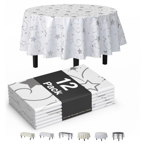 Round Silver Star Printed Plastic Table Covers | 12 Pack | 84 in.