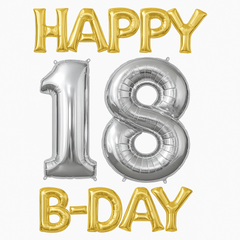 Metallic Gold & Silver "Happy 18 B-Day" Foil Balloon Set
