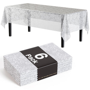 White Floral Plastic Table Covers | 6 Pack - 54 In. x 108 In.