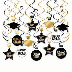 Graduation Celebration Swirl Decorations, Black/Gold, 16-Pack