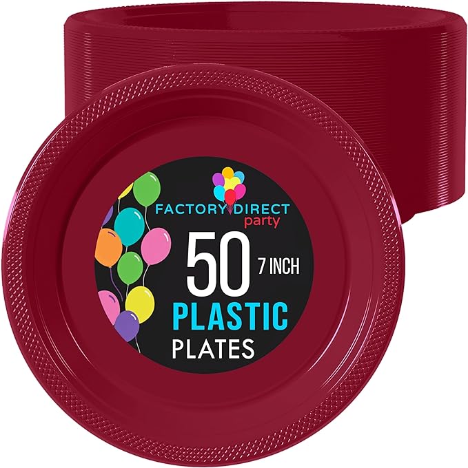 7 In. Burgundy Plastic Plates | 50 Count